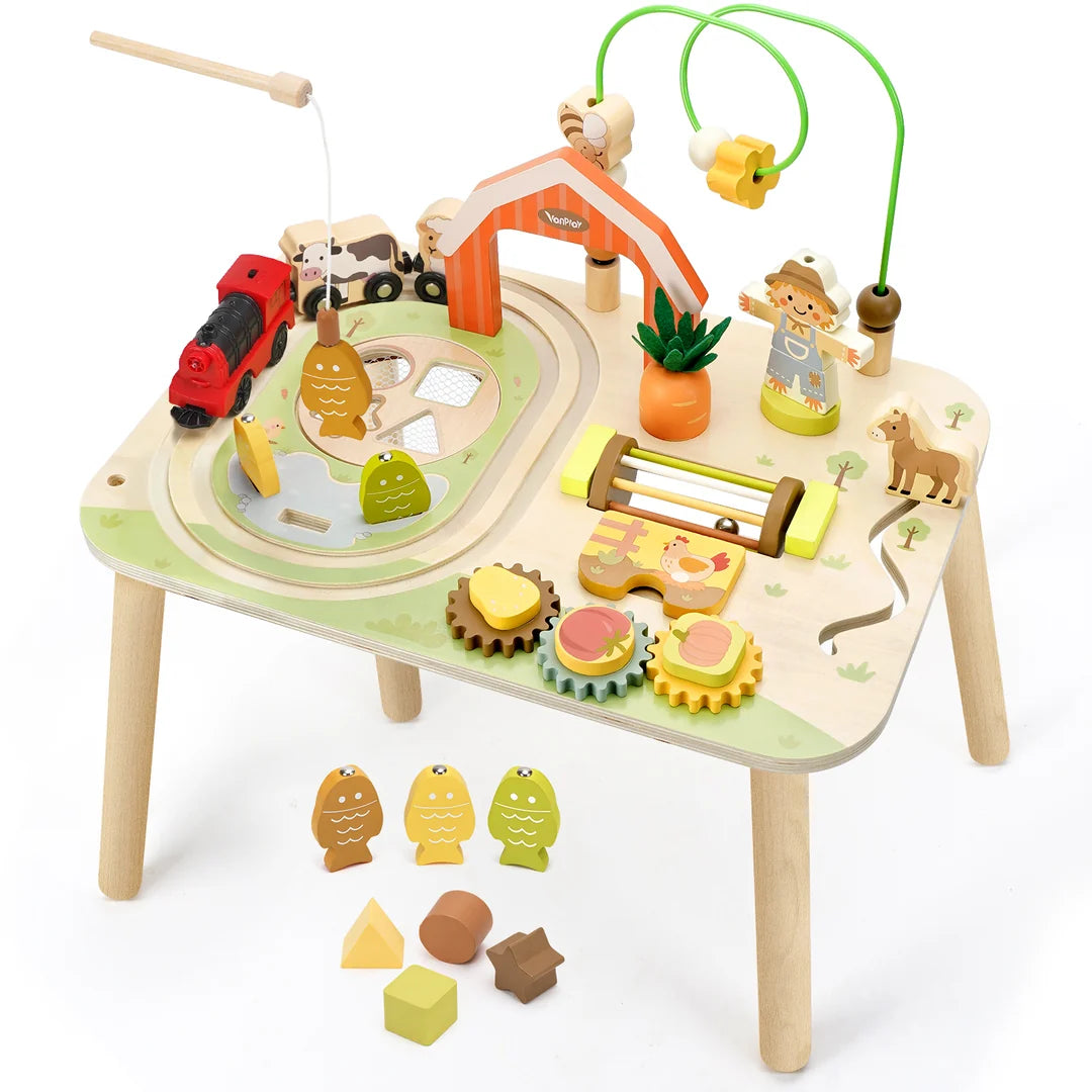 10-in-1 Farm Activity Table for Toddlers – Montessori Wooden Sensory Toy